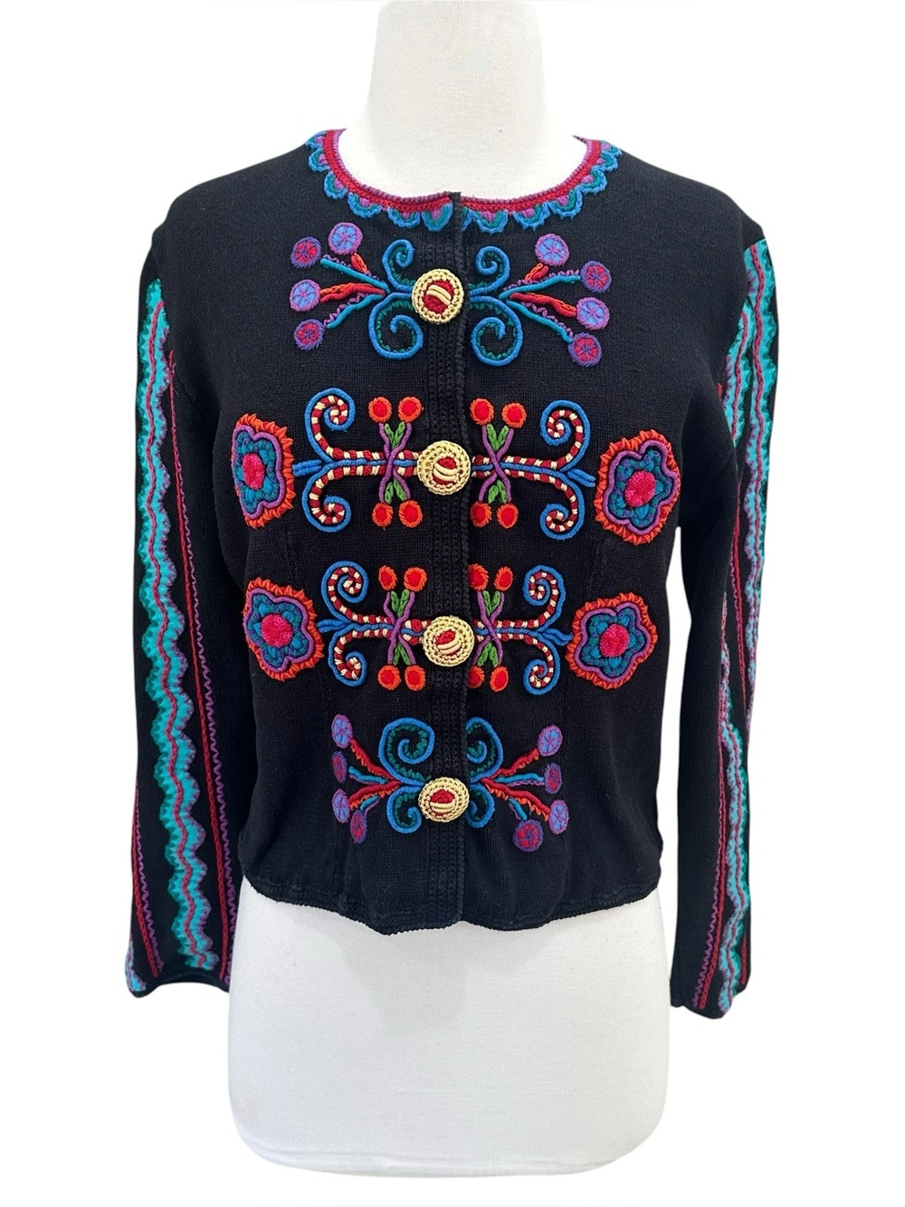 Michael Simon Cardigan Sweater 1997 Embroidered Floral Design Art to Wear Large